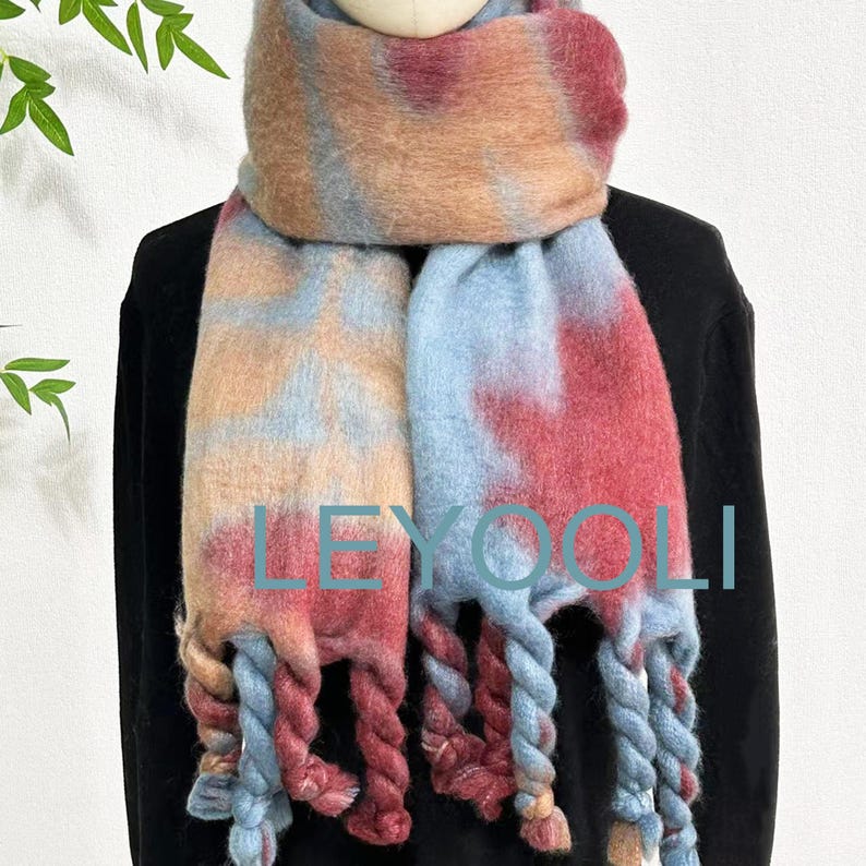 Handmade Gradient Mohair Scarf with Twisted Fringe, Elegant Knitted Wrap