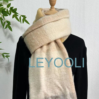 Yellow Plaid Mohair Scarf, Beige Tassel Wrap