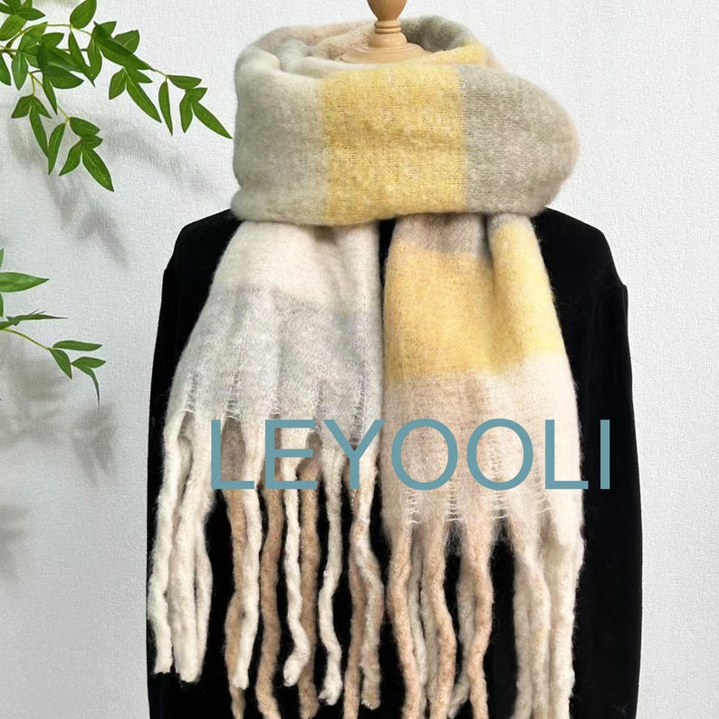 Yellow Plaid Mohair Scarf, Beige Tassel Wrap