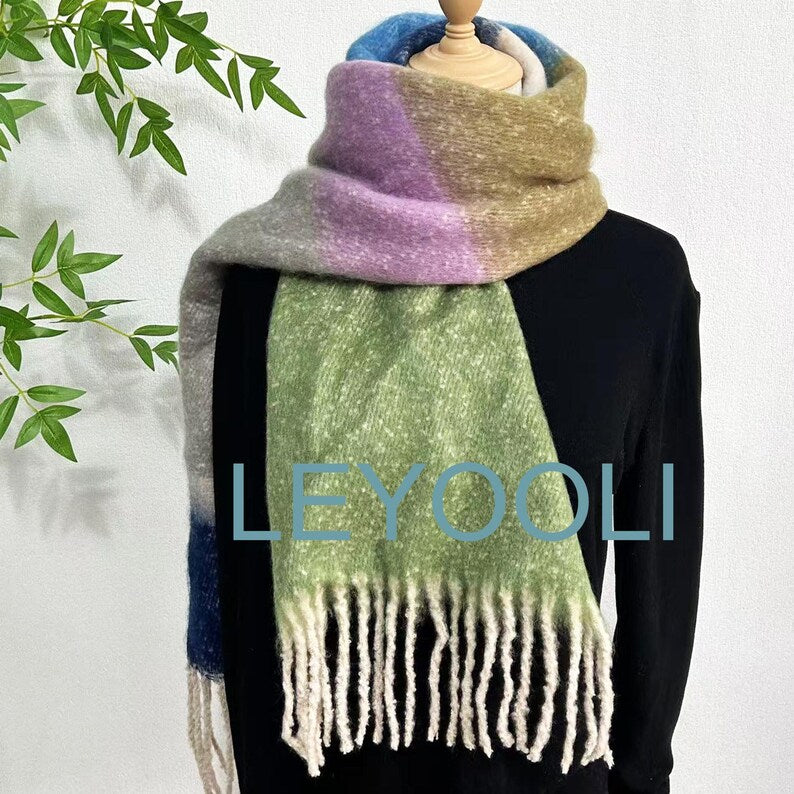 Blue Green Striped Mohair Tassel Scarf, Winter Warm Blanket Scarf
