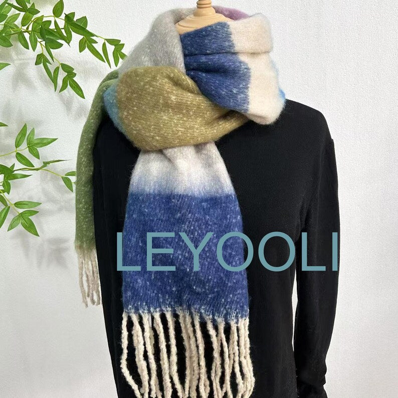 Blue Green Striped Mohair Tassel Scarf, Winter Warm Blanket Scarf
