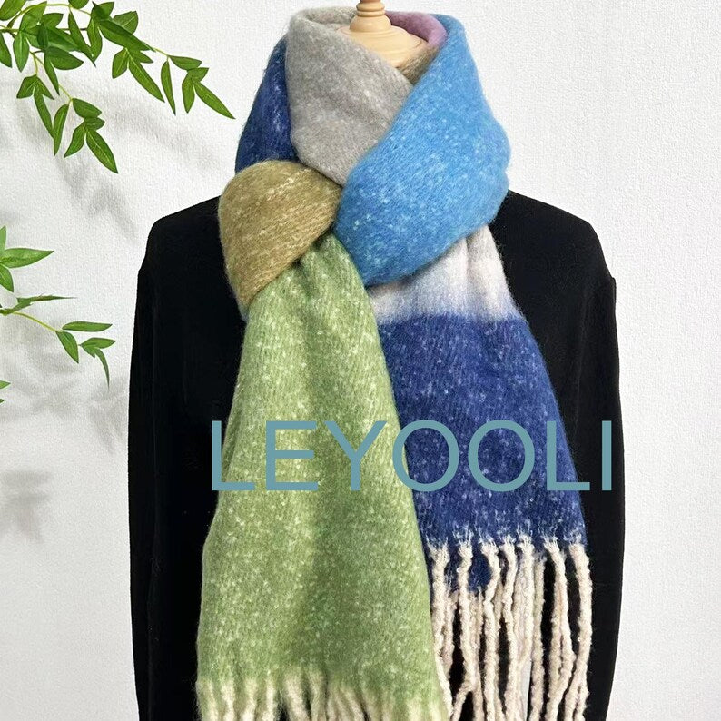 Blue Green Striped Mohair Tassel Scarf, Winter Warm Blanket Scarf