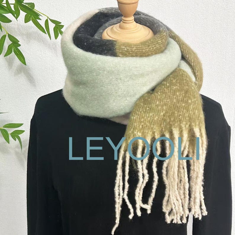 Striped Mohair Tassel Scarf, Green Gray Winter Scarf