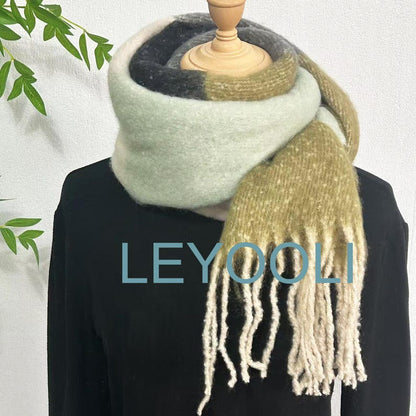 Striped Mohair Tassel Scarf, Green Gray Winter Scarf
