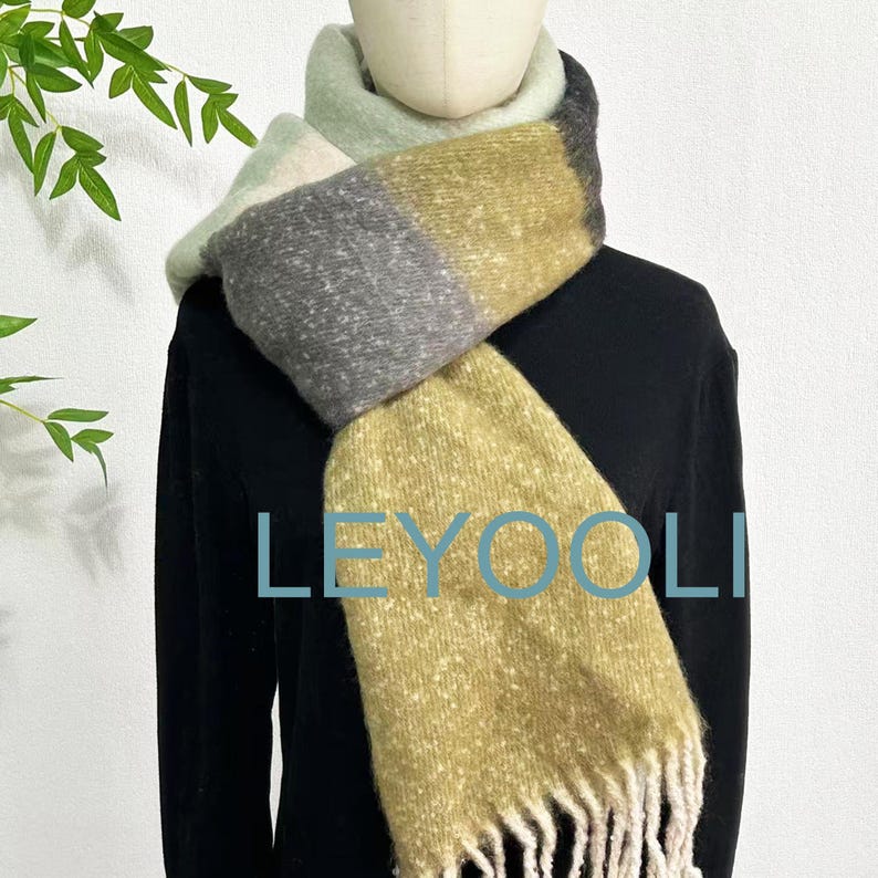 Striped Mohair Tassel Scarf, Green Gray Winter Scarf