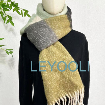 Striped Mohair Tassel Scarf, Green Gray Winter Scarf