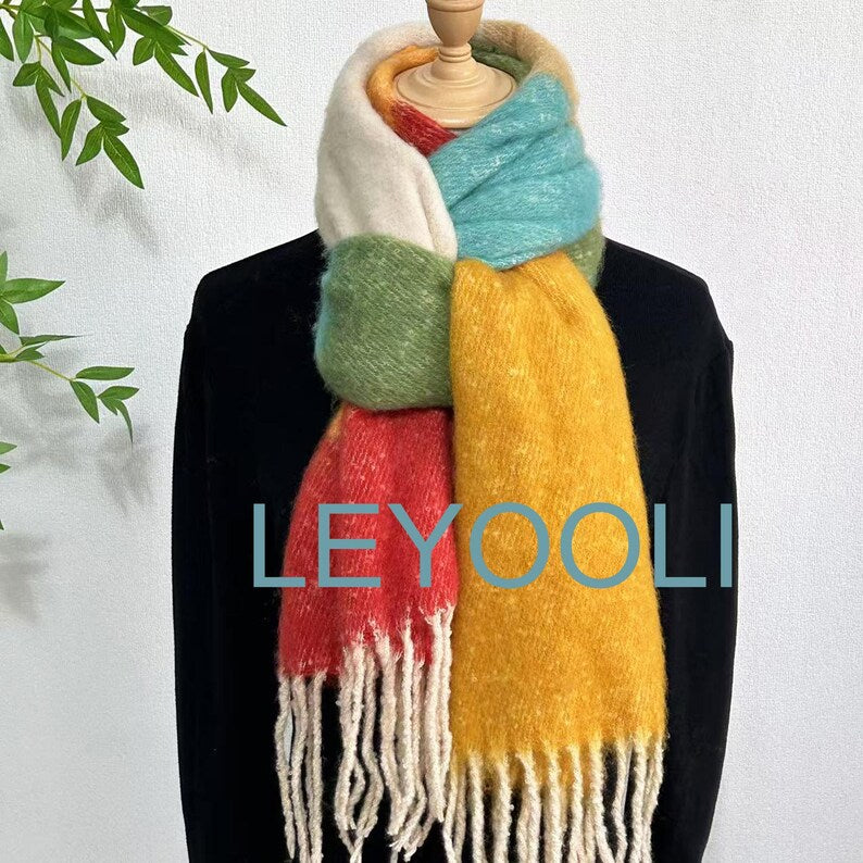Rainbow Mohair Tassel Scarf: Elegant Winter Warmth