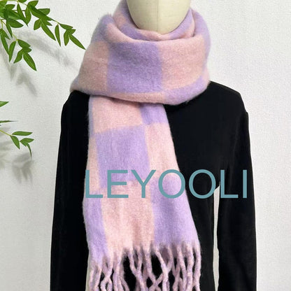 Pink & Purple Checkered Mohair Scarf - Oversized Tasseled Shawl