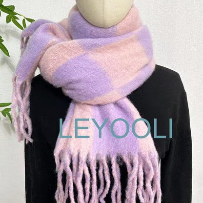 Pink & Purple Checkered Mohair Scarf - Oversized Tasseled Shawl