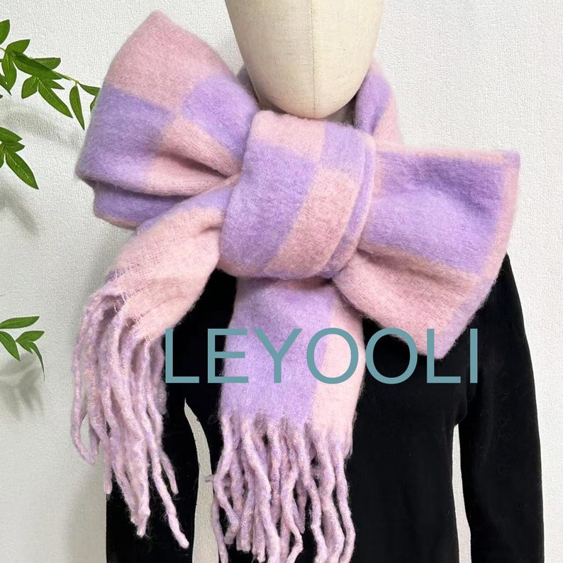 Pink & Purple Checkered Mohair Scarf - Oversized Tasseled Shawl