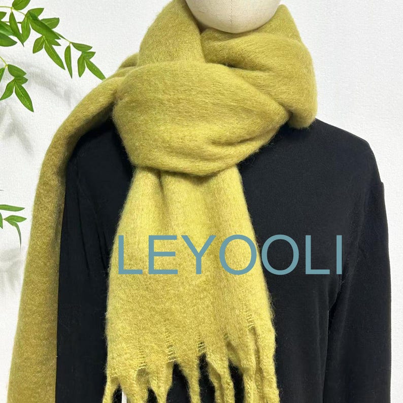 Mustard Green Mohair Blend Scarf: Winter Tassel Scarf