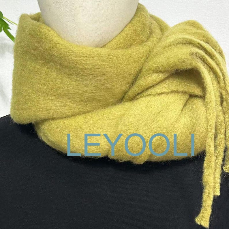 Mustard Green Mohair Blend Scarf: Winter Tassel Scarf