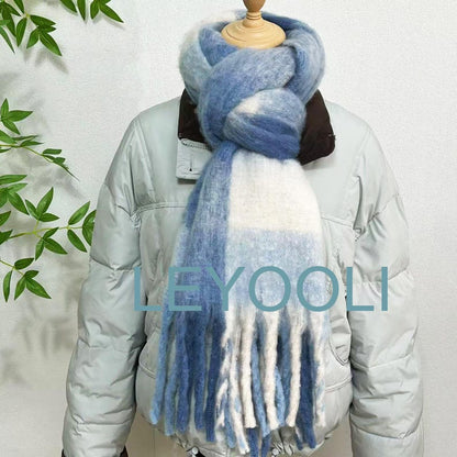 Blue Plaid Mohair Scarf, Warm Winter Shawl