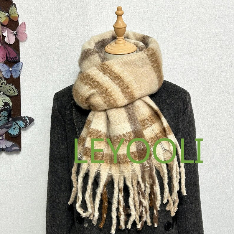 Hand Knit Coffee Plaid Mohair Scarf | Vintage Fringe Shawl