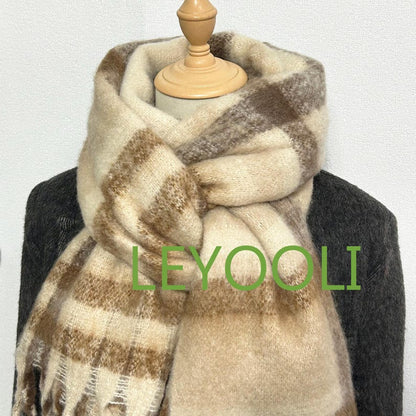 Hand Knit Coffee Plaid Mohair Scarf | Vintage Fringe Shawl