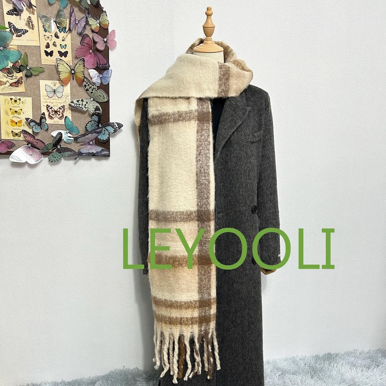 Hand Knit Coffee Plaid Mohair Scarf | Vintage Fringe Shawl