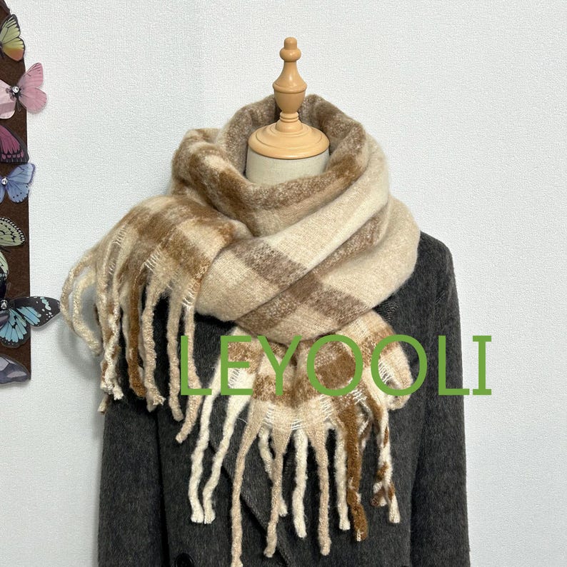 Hand Knit Coffee Plaid Mohair Scarf | Vintage Fringe Shawl