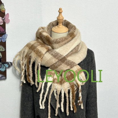 Hand Knit Coffee Plaid Mohair Scarf | Vintage Fringe Shawl