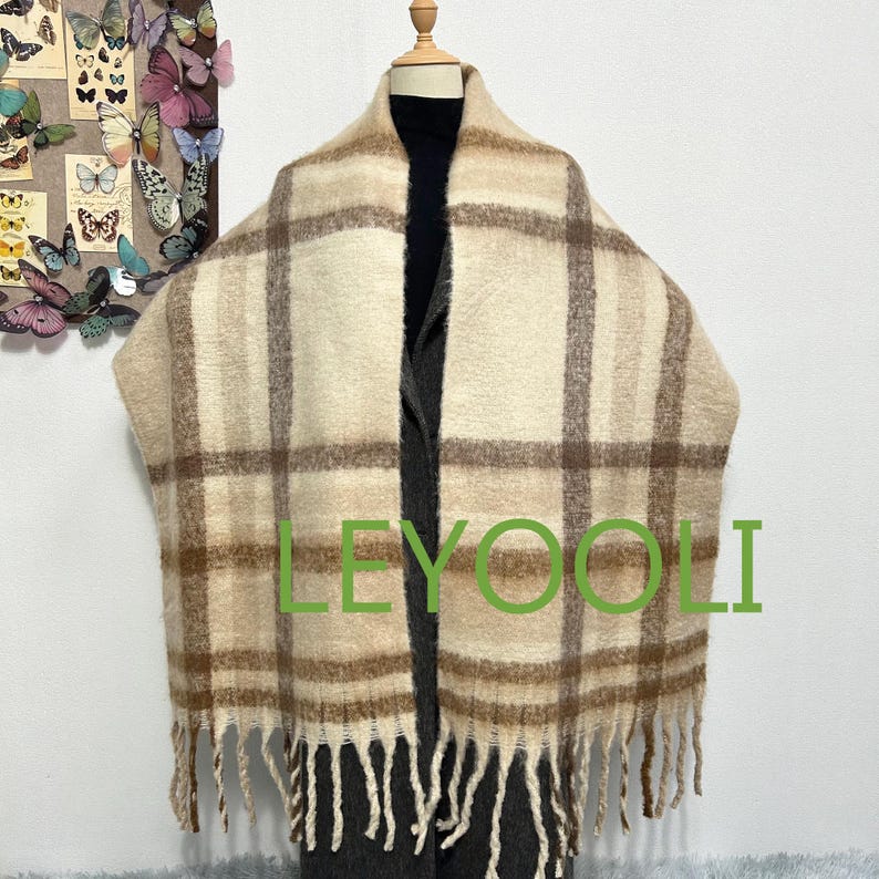 Hand Knit Coffee Plaid Mohair Scarf | Vintage Fringe Shawl