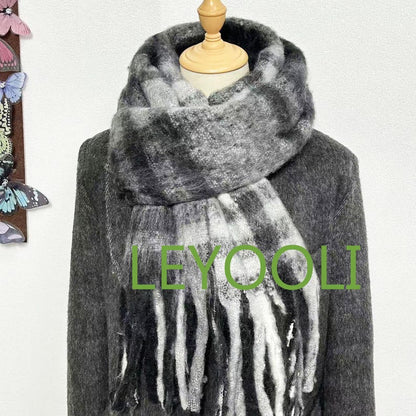 Hand Woven Plaid Mohair Scarf | Black Gray Winter Shawl