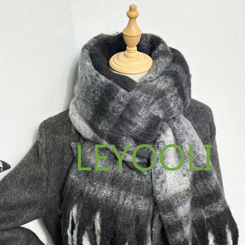 Hand Woven Plaid Mohair Scarf | Black Gray Winter Shawl