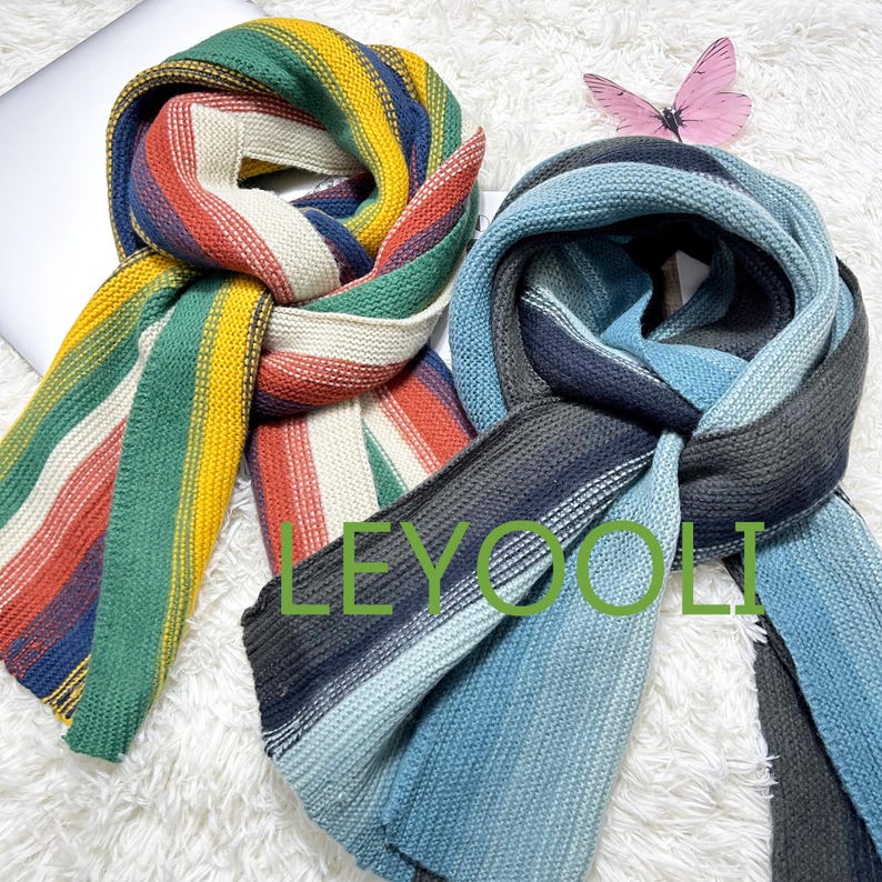 Rainbow Knitted Scarf: Colorful Cotton Yarn Winter Wrap