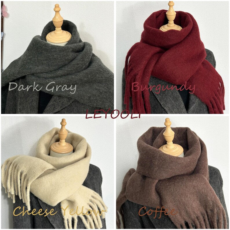 Wool Blend Tassel Scarf, Extra Long Solid Color Winter Scarf