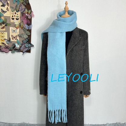 Wool Blend Tassel Scarf, Extra Long Solid Color Winter Scarf
