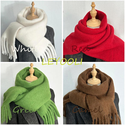 Wool Blend Tassel Scarf, Extra Long Solid Color Winter Scarf