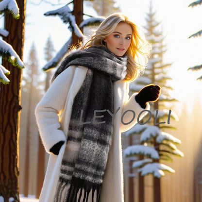 Hand Woven Plaid Mohair Scarf | Black Gray Winter Shawl