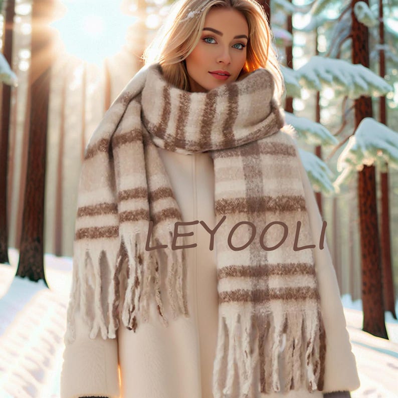 Hand Knit Coffee Plaid Mohair Scarf | Vintage Fringe Shawl