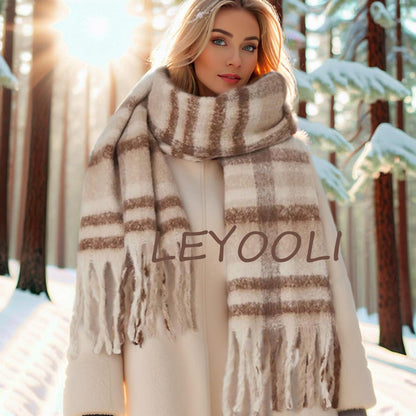 Hand Knit Coffee Plaid Mohair Scarf | Vintage Fringe Shawl