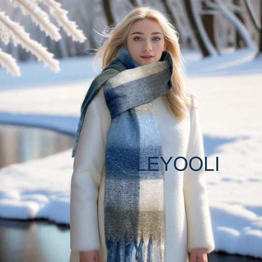 Blue Plaid Mohair Scarf: Warm Winter Shawl