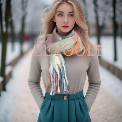 Powder Blue Plaid Mohair Scarf, Winter Warm Tassel Shawl