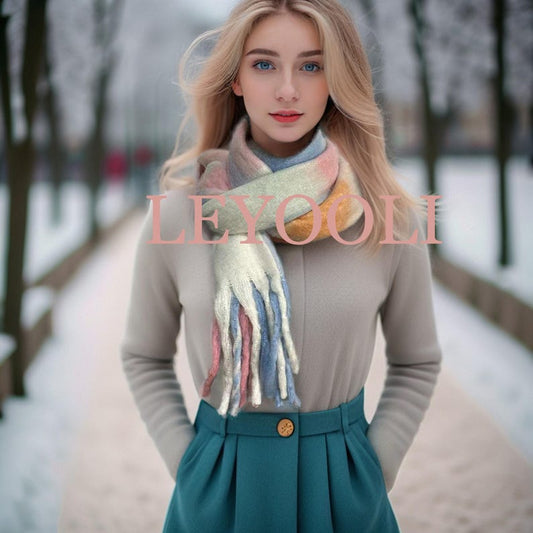 Powder Blue Plaid Mohair Scarf, Winter Warm Tassel Shawl