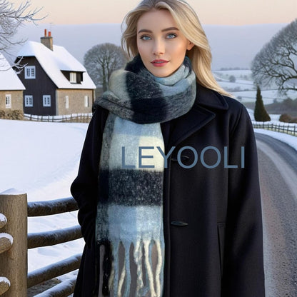 Blue Gradient Plaid Mohair Scarf: Winter Wool Shawl with Tassels