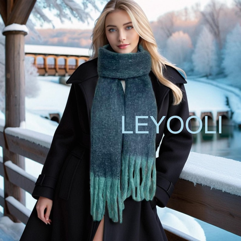 Handmade Gradient Plaid Mohair Scarf: Fuzzy Tassel Winter Shawl