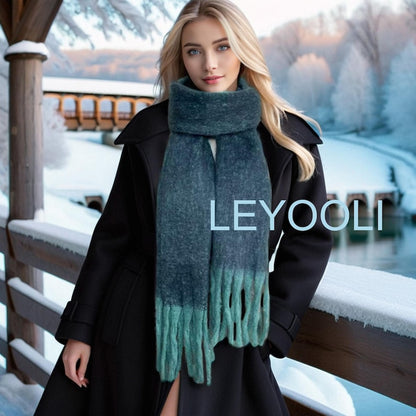 Handmade Gradient Plaid Mohair Scarf: Fuzzy Tassel Winter Shawl