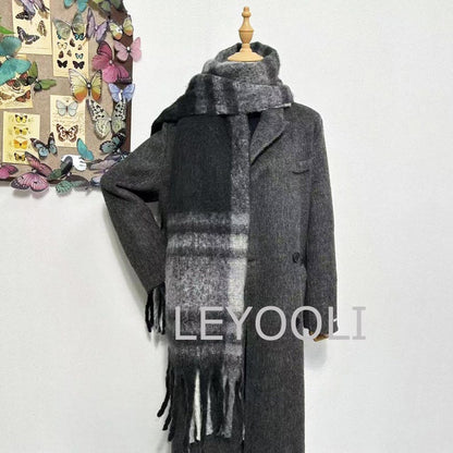 Plaid Mohair Winter Scarf: Extra Long Fringed Scarf
