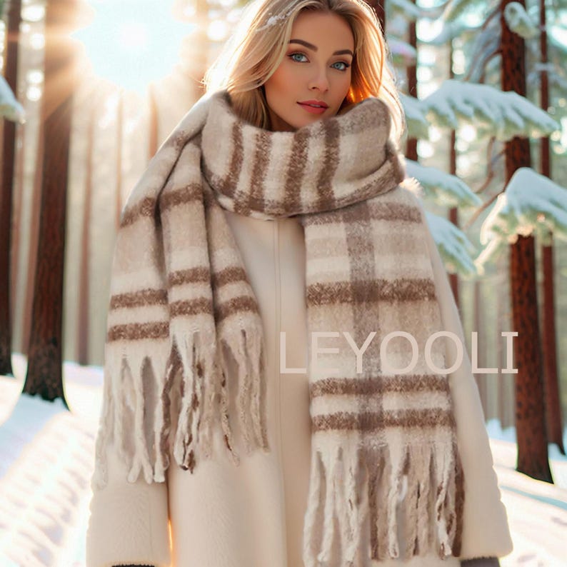 Plaid Mohair Winter Scarf: Extra Long Fringed Scarf