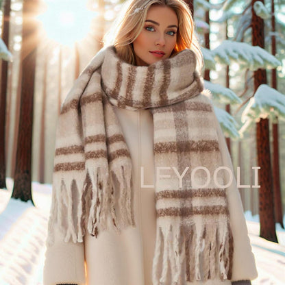 Plaid Mohair Winter Scarf: Extra Long Fringed Scarf