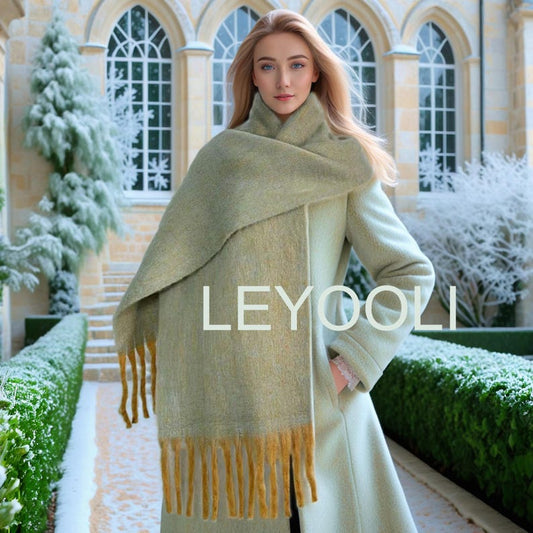 Elegant Mohair Scarf - Muted Blue & Mustard Fringe, Soft Cozy Winter Wrap