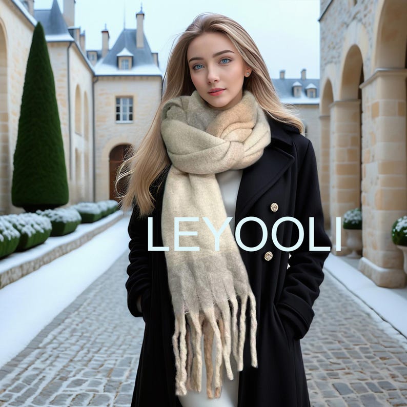 Yellow Plaid Mohair Scarf, Beige Tassel Wrap