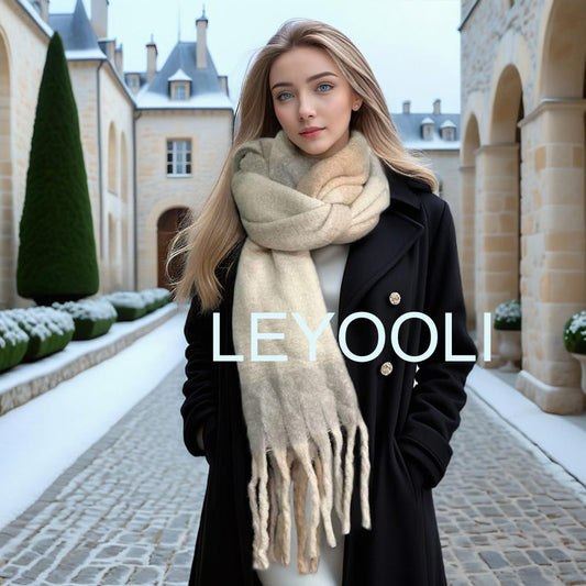 Yellow Plaid Mohair Scarf, Beige Tassel Wrap