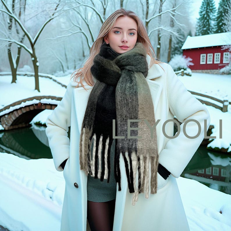 Mohair Plaid Scarf, Green White Black, Warm Winter Shawl