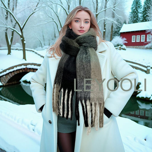 Mohair Plaid Scarf, Green White Black, Warm Winter Shawl