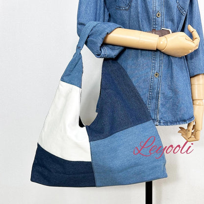 Patchwork Denim Tote Bag: Handmade Color Block Jean Hobo Bag
