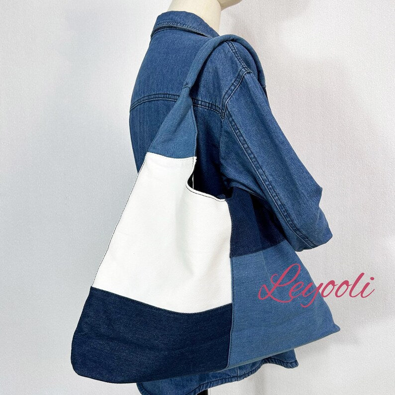 Patchwork Denim Tote Bag: Handmade Color Block Jean Hobo Bag
