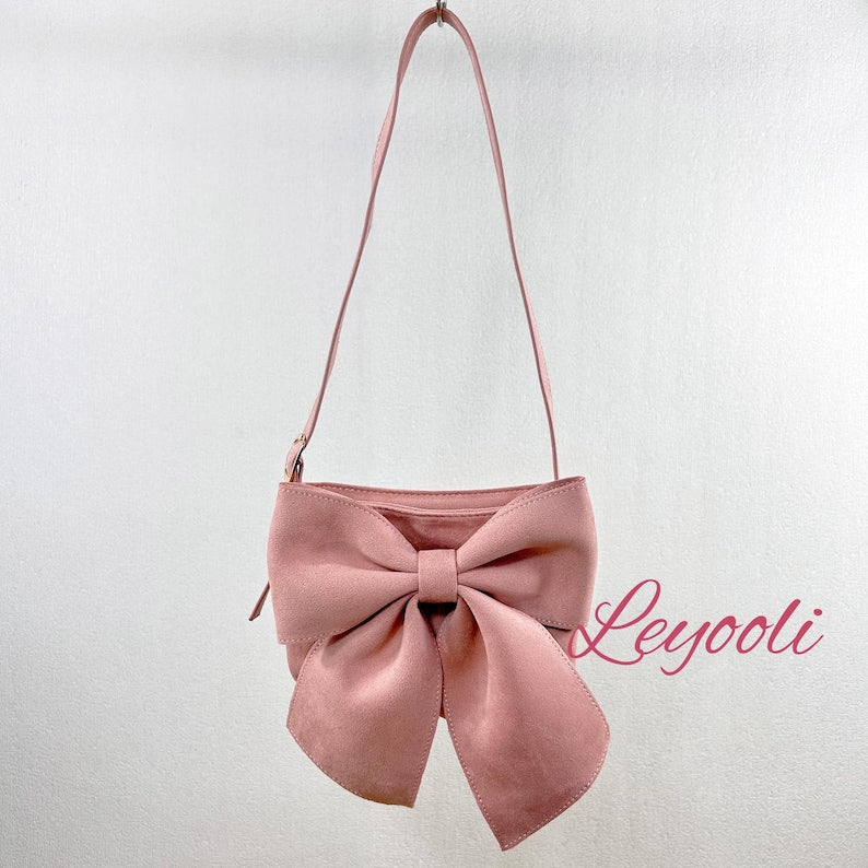 Pink Suede Bow Shoulder Bag, Mini Underarm Handbag