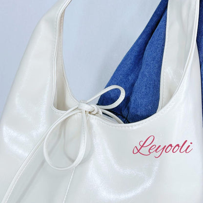 Cream Vegan Leather Bow Tote Bag: Minimalist Shoulder Handbag